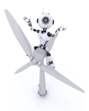 3D Render of a Robot with wind turbine Stock Illustration