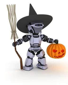 3D render of a Robot witch with pumpkin Stock Illustration