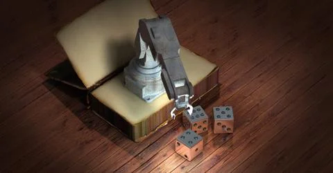 A 3d render of a robotic arm on a blank notebook and some dices on a wooden s Stock Illustration