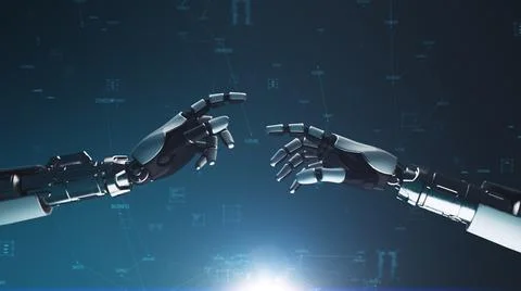 3D Render of robotic arms against digital data Stock Illustration