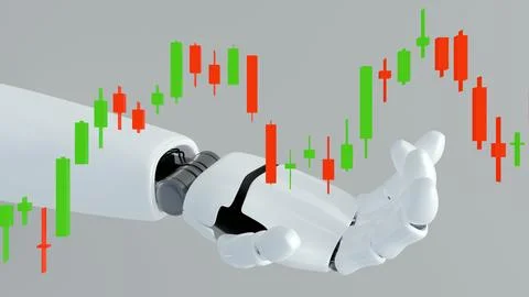 3d render of a robotic hand cradling a candlestick chart. Stock Illustration