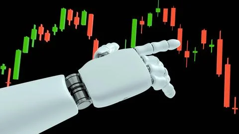 3d render of a robotic hand cradling a candlestick chart. Illustrazione stock