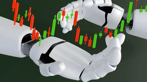 3d render of a robotic hand cradling a candlestick chart. 库存插图
