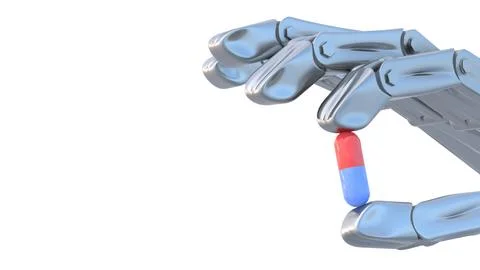 3d render of a robotic hand holding a medical capsule on isolate backdrop w.. Illustrazione stock