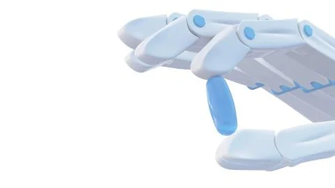 3d render of a robotic hand holding a medical capsule on isolate backdrop w.. Stock Photos