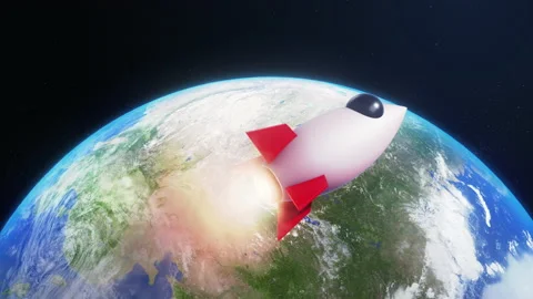 3D Render Rocket Jet Fly into Galaxy Space Star Field And Earth Planet 3D Ill Stock Footage 207292240