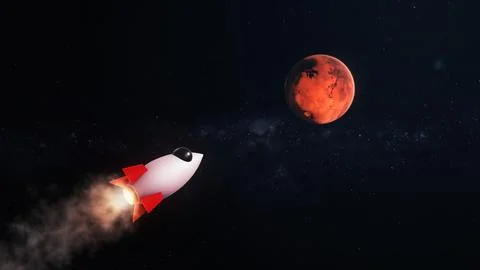 3D Render Rocket Jet Fly to Mars Red Planet On Galaxy Space 3D Illustration B Stock Illustration