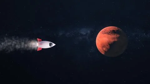 3D Render Rocket Jet Fly to Mars Red Planet On Galaxy Space Star Field 3D Ill Stock Illustration