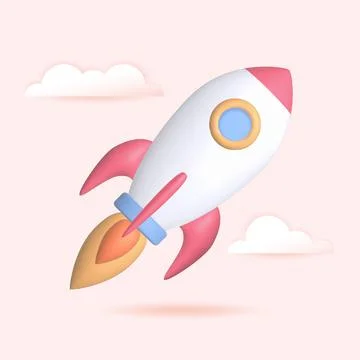 3d render rocket launch, startup business concept. Spaceship with clouds on pink Stock Illustration