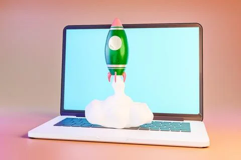 3D render of rocket launching from laptop keyboard against pink gradient Stock Illustration
