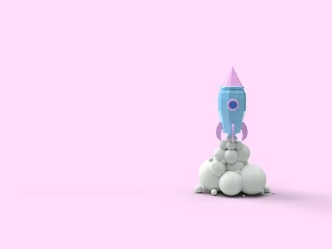 3d render of a rocket taking off in a puff of smoke. Successful start concep Stock Photos