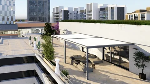 3D render of Rooftop apartment patio with orbit shot Stock Footage 274792007