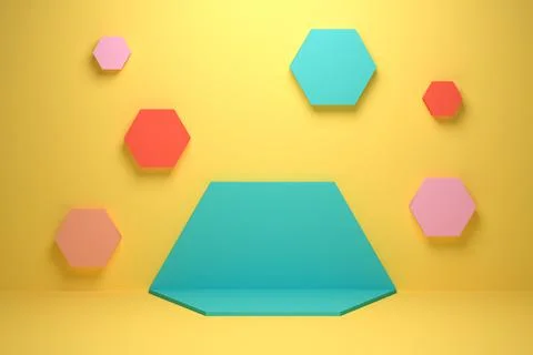 3d render room with colored hexagon. For product display Stock Illustration