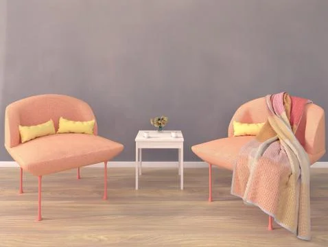 3D render of a room with grey hand-painted wall and modern designer sofa chairs Illustrazione stock