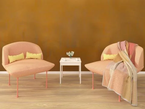 3D render of a room with orange bronze hand-painted wall and designer chairs Illustrazione stock