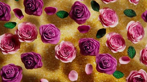 3d render roses with petals float on the water on a golden background Stock Illustration
