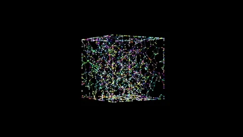3D render of rotating cube shape a lot of coloured chaotic moving connected dots Stock Footage 240304704