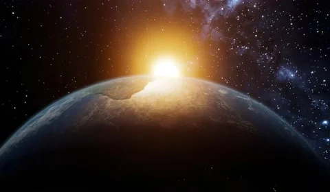 3D Render of rotating Earth close up with sun peaking over the top. Elements of Video stock 139617576