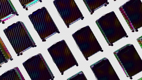 3D render of rotating suitcases with gradient color. Sylish ultraviolet Stock Footage 149515579