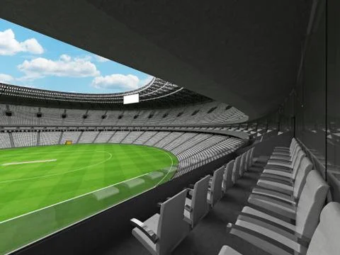 3D render of a round cricket stadium with white seats and VIP boxes Stock Illustration