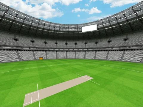 3D render of a round cricket stadium with white seats and VIP boxes Stock Illustration