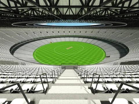3D render of a round cricket stadium with white seats and VIP boxes Stock Illustration