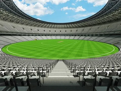 3D render of a round cricket stadium with white seats and VIP boxes Stock Illustration