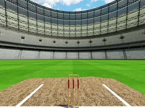 3D render of a round cricket stadium with white seats and VIP boxes Stock Illustration