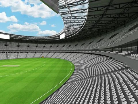 3D render of a round cricket stadium with white seats and VIP boxes Stock Illustration