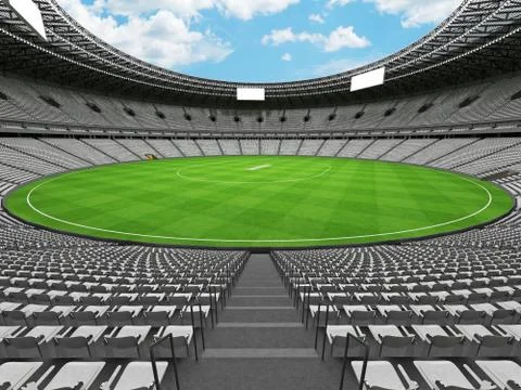 3D render of a round cricket stadium with white seats and VIP boxes Stock Illustration