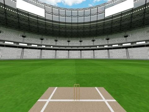 3D render of a round cricket stadium with white seats and VIP boxes Stock Illustration