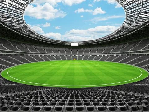 3D render of a round cricket stadium with black seats and VIP boxes Stock Illustration