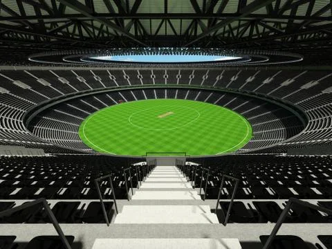 3D render of a round cricket stadium with black seats and VIP boxes Stock Illustration