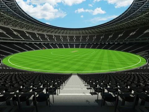 3D render of a round cricket stadium with black seats and VIP boxes Stock Illustration