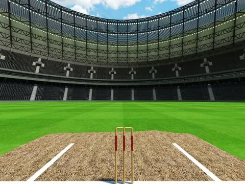 3D render of a round cricket stadium with black seats and VIP boxes Stock-Illustration