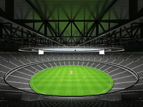 3D render of a round cricket stadium with black seats and VIP boxes Stock Illustration