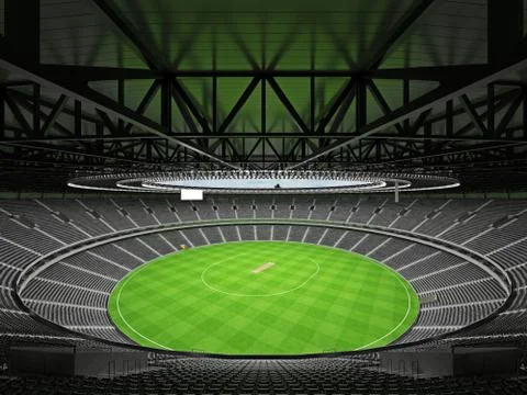 3D render of a round cricket stadium with black seats and VIP boxes Stock Illustration