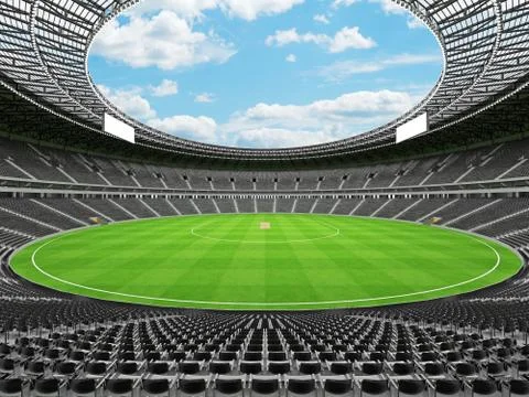 3D render of a round cricket stadium with black seats and VIP boxes Stock Illustration