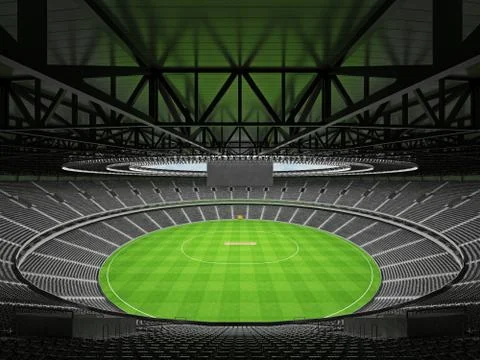 3D render of a round cricket stadium with black seats and VIP boxes Stock Illustration