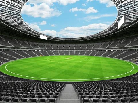 3D render of a round cricket stadium with black seats and VIP boxes Stock Illustration