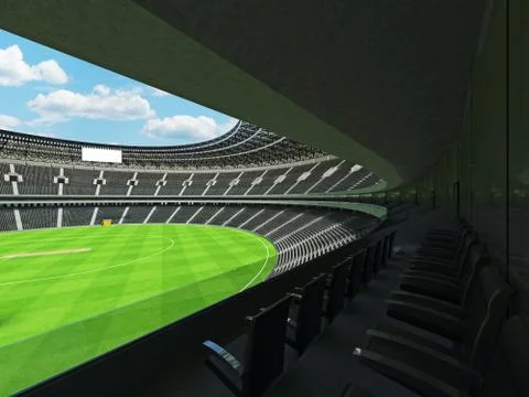 3D render of a round cricket stadium with black seats and VIP boxes Stock Illustration
