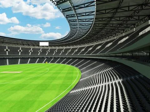 3D render of a round cricket stadium with black seats and VIP boxes Stock Illustration