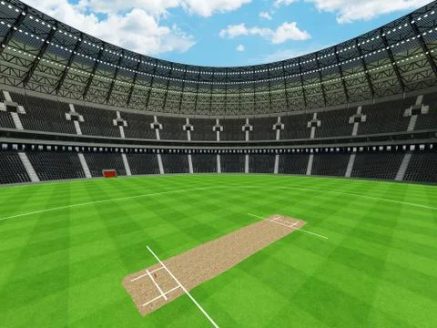 3D render of a round cricket stadium with black seats and VIP boxes Stock Illustration