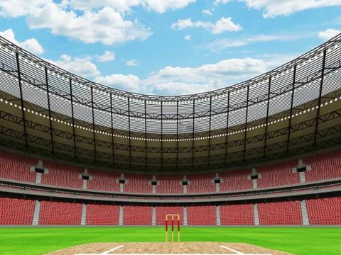 3D render of a round cricket stadium with red seats and VIP boxes Stock Illustration