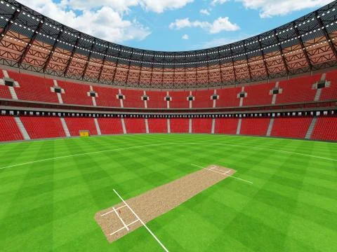 3D render of a round cricket stadium with red seats and VIP boxes Stock Illustration