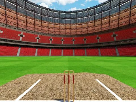 3D render of a round cricket stadium with red seats and VIP boxes Stock Illustration