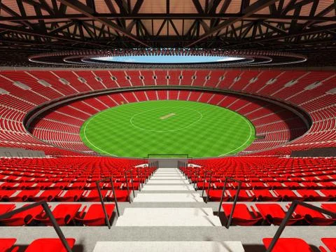 3D render of a round cricket stadium with red seats and VIP boxes Stock Illustration
