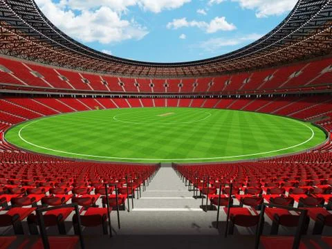 3D render of a round cricket stadium with red seats and VIP boxes Illustrazione stock