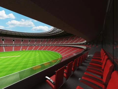 3D render of a round cricket stadium with red seats and VIP boxes Stock Illustration