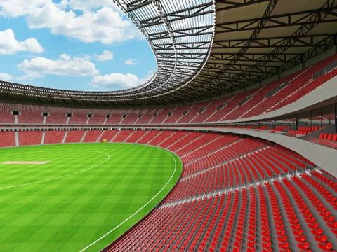 3D render of a round cricket stadium with red seats and VIP boxes Stock Illustration